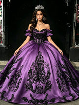 Purple Satin Strapless Appliques Quinceanera Dress