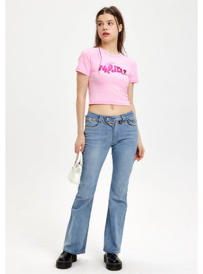 Short-sleeved Letter Printed Slim Round Neck T-shirt