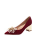 Red Thick-heeled Beads Wedding Shoes