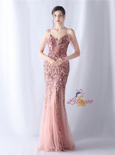 Sequins Tulle Straps Beading Prom Dress