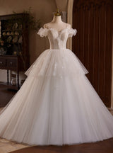 White Tulle Lace Beading Wedding Dress