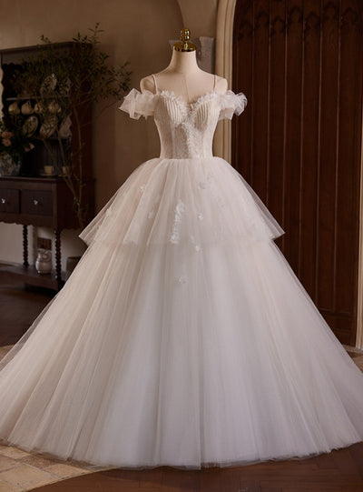 White Tulle Lace Beading Wedding Dress