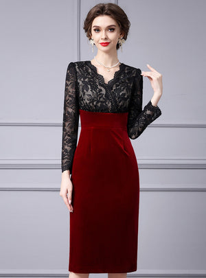 Burgundy Velvet Lace V-neck Mother Of The Bride Dress