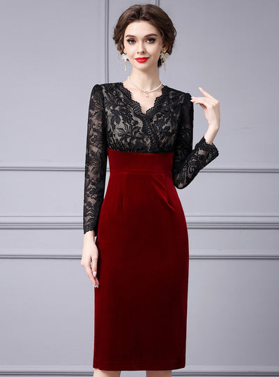 Burgundy Velvet Lace V-neck Mother Of The Bride Dress
