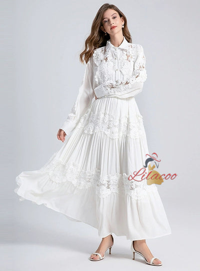 Lace Openwork Shirt+Skirt Two-piece Suit