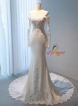 White Mermaid Long Sleeve Appliques Wedding Dress