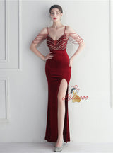 Mermaid Velvet Spaghetti Straps Sequins Beading Prom Dress