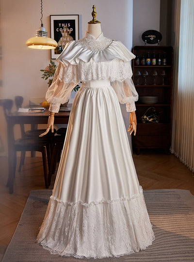 White Satin Lace Long Sleeve High Neck Wedding Dress