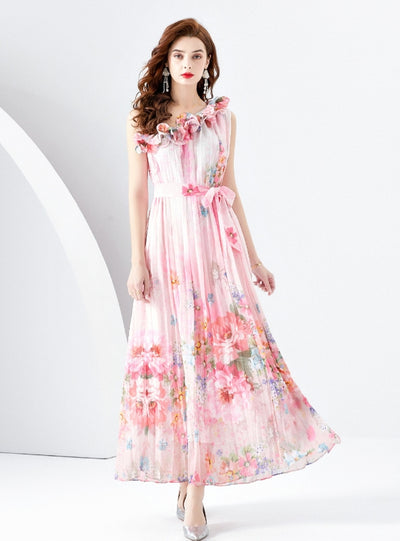 One-shoulder Pleated Wooden Ear Printed Dress