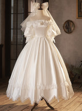 White Satin Lace Puff Sleeve Wedding Dress