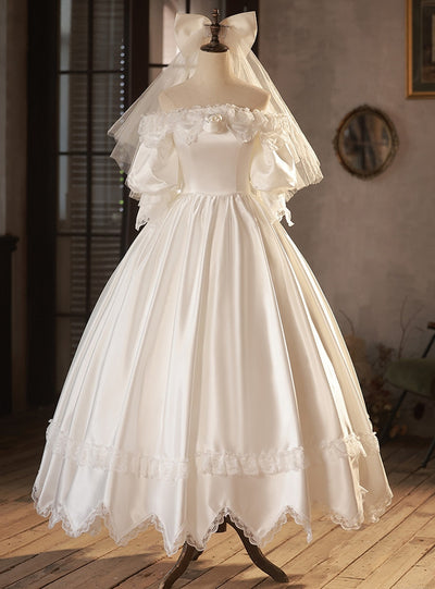 White Satin Lace Puff Sleeve Wedding Dress
