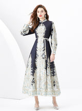 Retro Long-sleeved Single-breasted Printed Dress