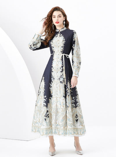 Retro Long-sleeved Single-breasted Printed Dress