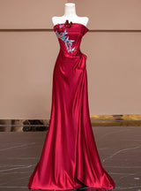 Red Satin Strapless Appliques Pleats Prom Dress