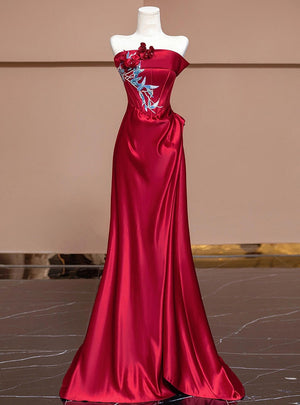 Red Satin Strapless Appliques Pleats Prom Dress