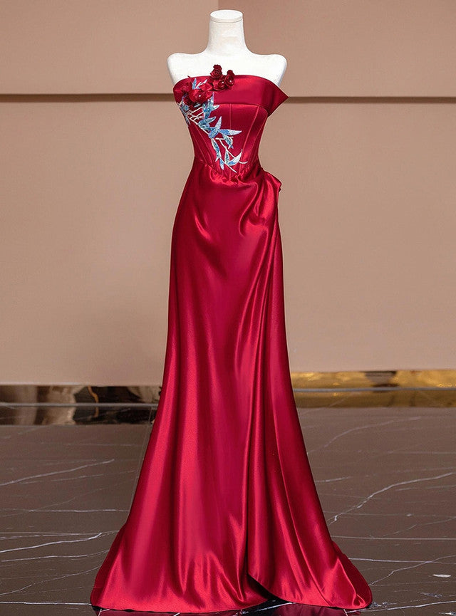 Red Satin Strapless Appliques Pleats Prom Dress