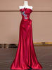 Red Satin Strapless Appliques Pleats Prom Dress