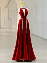 Burgundy Velvet Beading Prom Dress