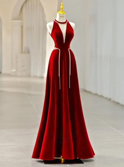 Burgundy Velvet Beading Prom Dress