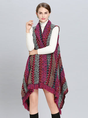 Long Tassel Color Knitted Cardigan Shawl