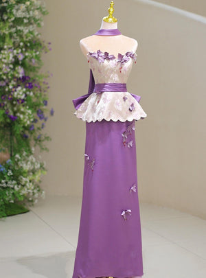 Purple Satin Strapless 3D Flower Prom Dress
