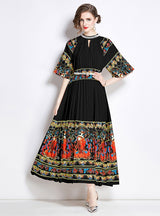 Pleated Short Sleeve Print Dress