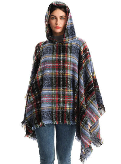 Double-sided Plaid Hooded Cloak Shawl