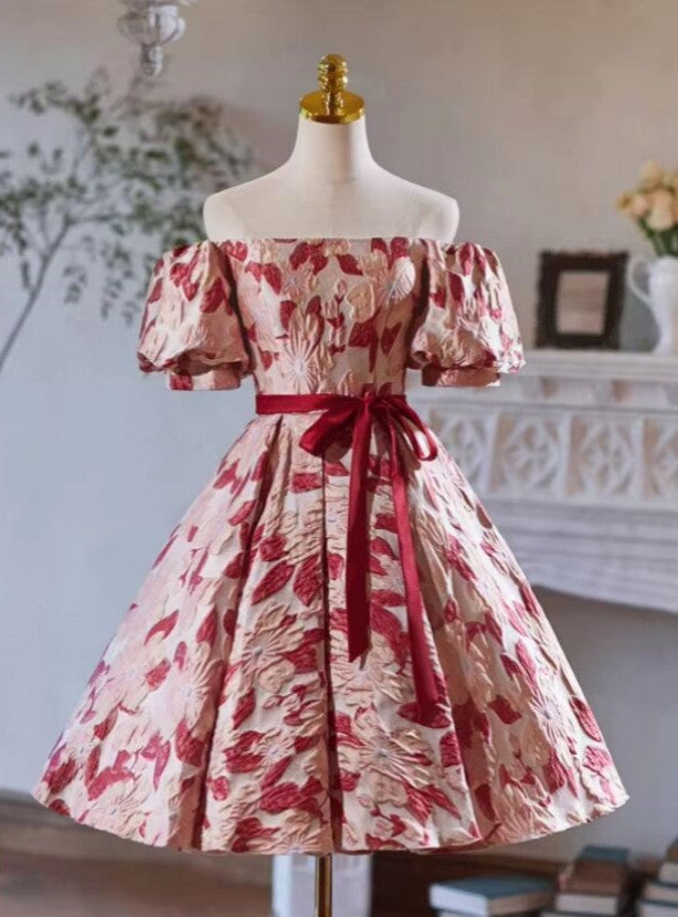A-Line Flower Puff Sleeve Homecoming Dress