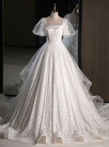 White Lace Puff Sleeve Square Neck Wedding Dress