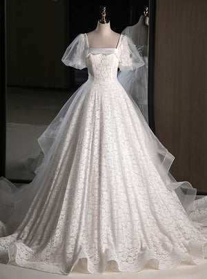 White Lace Puff Sleeve Square Neck Wedding Dress