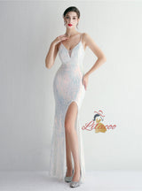 Spaghetti Straps Mermaid Sequins Split Prom Dress