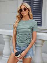 Solid Color Slim Pleated Short Sleeve T-shirt