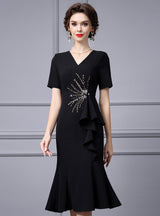 Black V-neck Short Sleeve Mother Of the Brides Dress