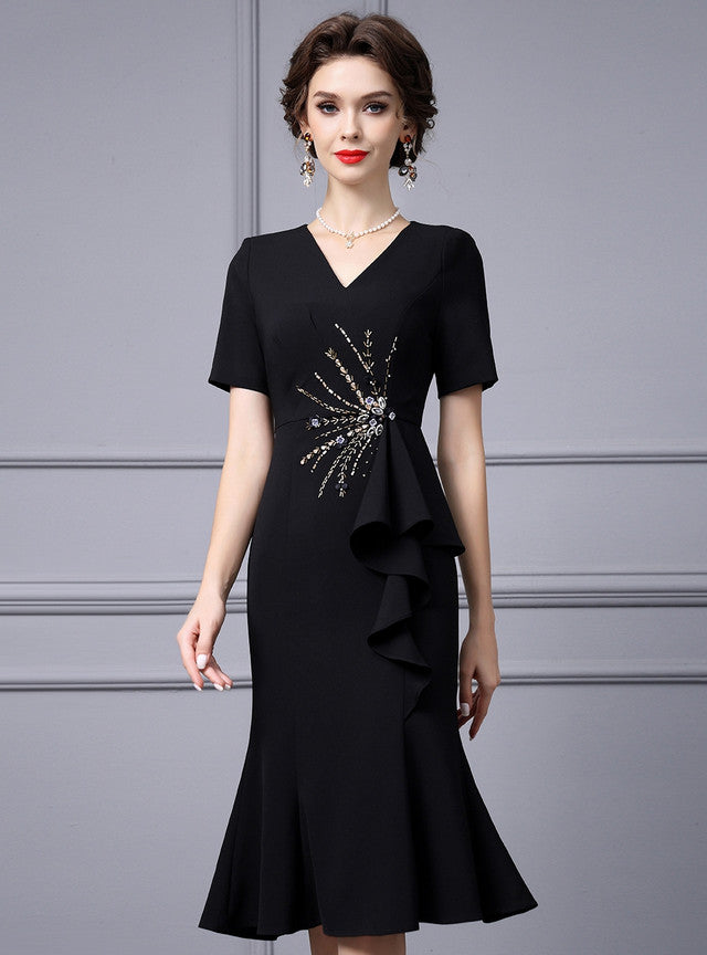 Black V-neck Short Sleeve Mother Of the Brides Dress