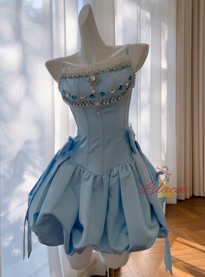 Blue Satin Straps Crystal Short Prom Dress