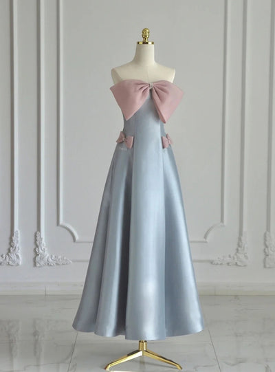 Blue Satin Strapless Bow Prom Dress