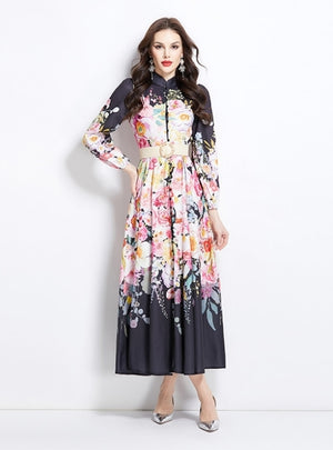 Printed Long Stand-up Silm Waist Slim Dress