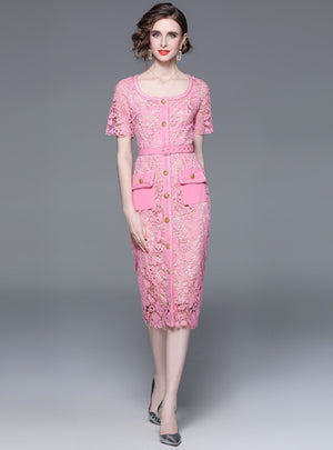 Pink Lace Stitching Slim Square Collar Dress