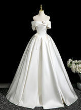 Beige White Satin Flower Pleats Wedding Dress