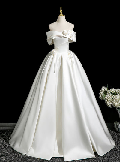 Beige White Satin Flower Pleats Wedding Dress