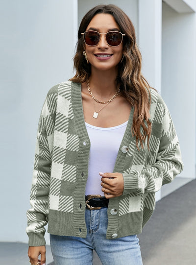 V-neck Loose Plaid Long Sleeve Sweater Coat