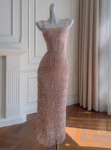 Pink Sequins Beading Straps Prom Dress