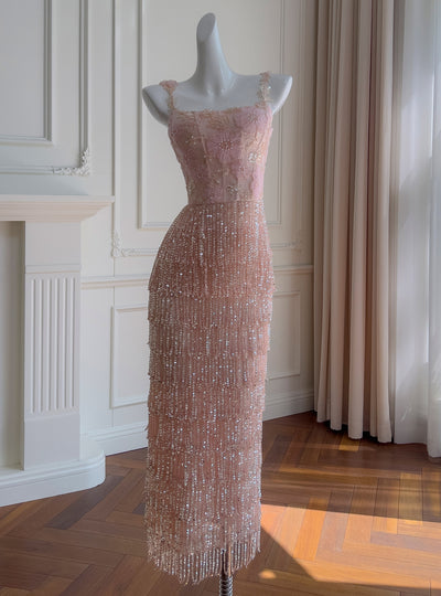 Pink Sequins Beading Straps Prom Dress