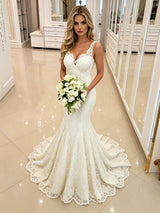 White Mermaid Lace Straps Wedding Dress