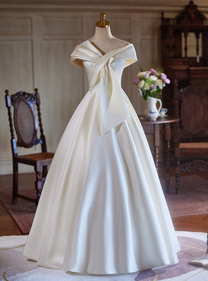 Ivory White Satin Pleats Off the Shoulder Wedding Dress