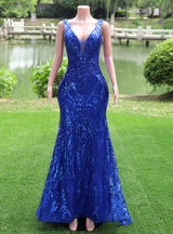 Royal Blue Mermaid Sequins V-neck Sleeveless Prom Dress
