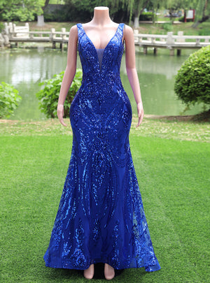 Royal Blue Mermaid Sequins V-neck Sleeveless Prom Dress