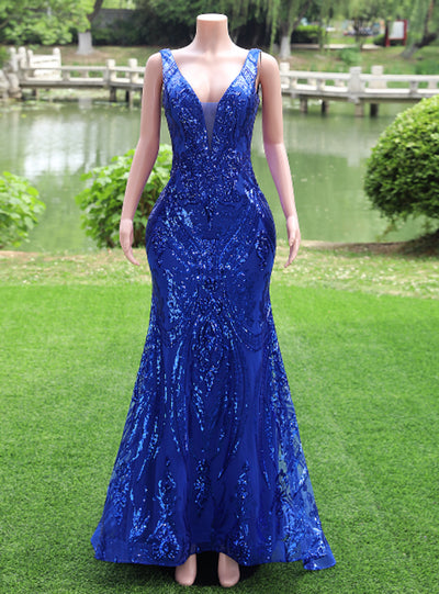 Royal Blue Mermaid Sequins V-neck Sleeveless Prom Dress