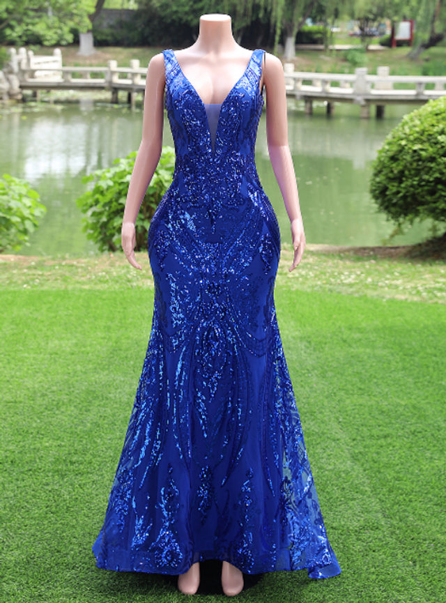 Royal Blue Mermaid Sequins V-neck Sleeveless Prom Dress