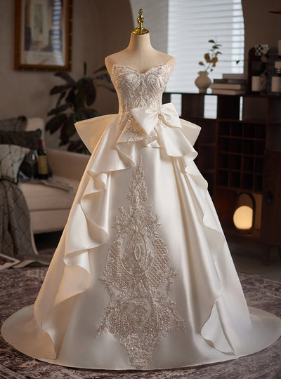 Ivory White Satin Beading Wedding Dress